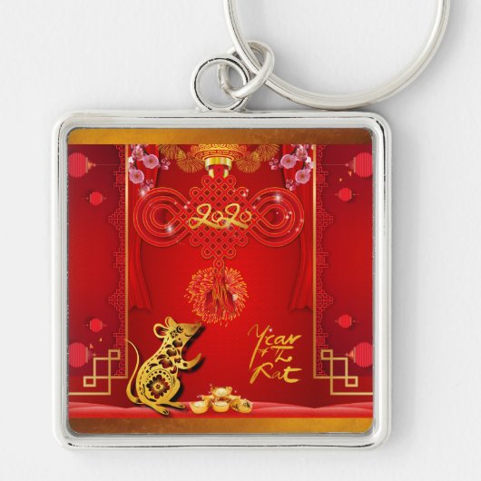 Chinese Red Knot Rat Year 2020 Square MK Sleutelhanger (Voorkant)
