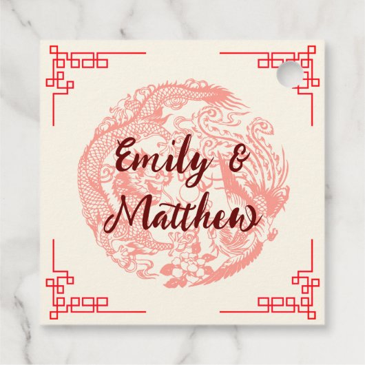 Chinese rode huwelijksceremonie met draak en fenik bedankjes labels (Achterkant)