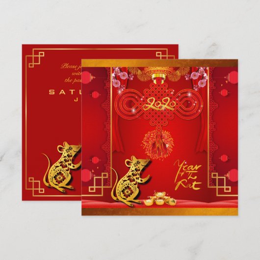 Chinese Rode Knoop Rat Jaar 2020 Partij Plein I Save The Date (Voorkant / Achterkant)