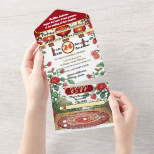 Chinese Rode Lantaarn Oude Gebouw Trouwjurk All In One Uitnodiging