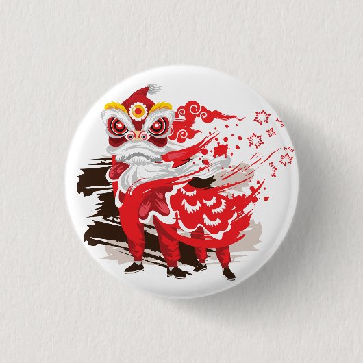 Chinese rode leeuw danser illustratie ronde button 3,2 cm (Voorkant)