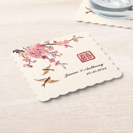 Chinese schilderkunst bloem vogel bruiloft kartonnen onderzetters (Gebogen)