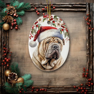 Chinese Shar-Pei Hond Holly Berry Kerstmis Keramisch Ornament