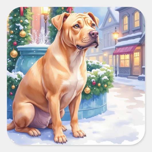 Chinese Shar-Pei Snowy Town Fountain Christmas Art Vierkante Sticker (Voorkant)