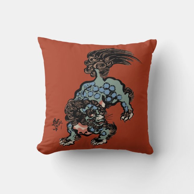  Chinese Shi Lion op Chinees Rood Kussen (Voorkant)