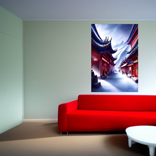 Chinese stad in de sneeuwberg | AI Art. Poster