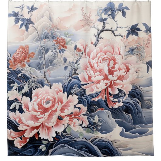 Chinese stijl pioenschilderij in roze en blauw douchegordijn (Voorkant)