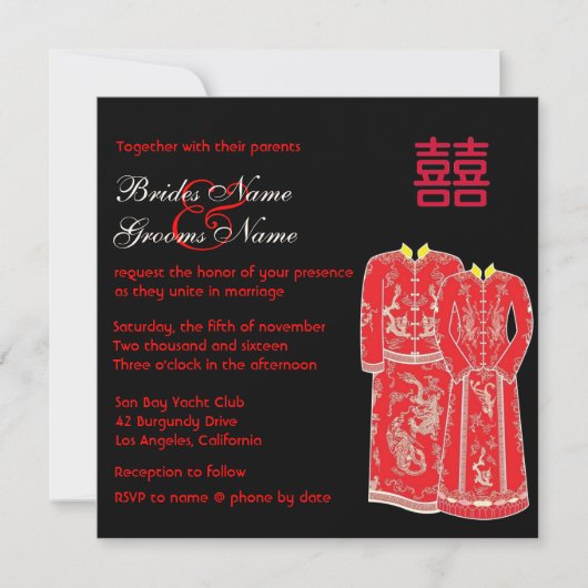 Chinese Tang Suits Double Happiness Wedding Invite Kaart (Voorkant)