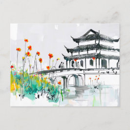 Chinese tempel bij een bloeiende vijver briefkaart