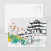 Chinese tempel bij een bloeiende vijver briefkaart (Voorkant / Achterkant)