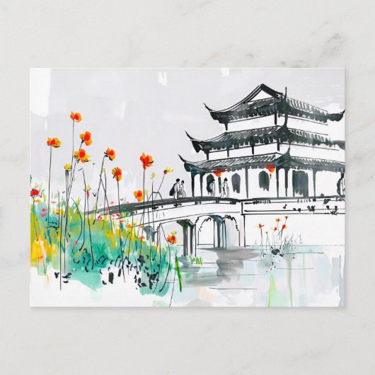 Chinese tempel bij een bloeiende vijver briefkaart (Voorkant)