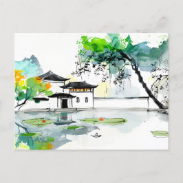 Chinese tempel bij een Lotus vijver Briefkaart