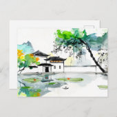 Chinese tempel bij een Lotus vijver Briefkaart (Voorkant / Achterkant)