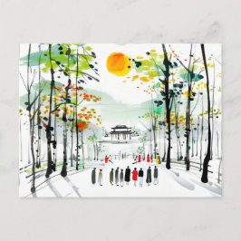 Chinese tempel tussen bomen bij zonsondergang briefkaart