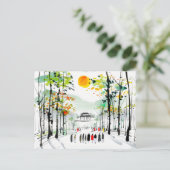 Chinese tempel tussen bomen bij zonsondergang briefkaart (Staand voorkant)