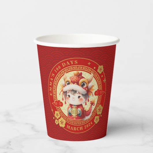 Chinese Traditionele Baby 100 Dagen 百日 Uitnodiging Papieren Bekers (Achterkant)