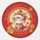 Chinese Traditionele Baby 100 Dagen 百日 Uitnodiging Ronde Sticker (Voorkant)