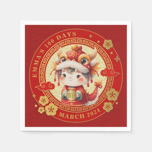 Chinese Traditionele Baby 100 Dagen 百日 Uitnodiging Servet (Voorkant)