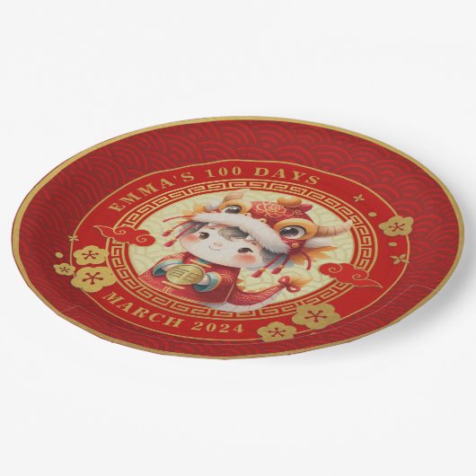 Chinese traditionele Baby 100 dagen 百 日 Papieren Bordje (Gekanteld)