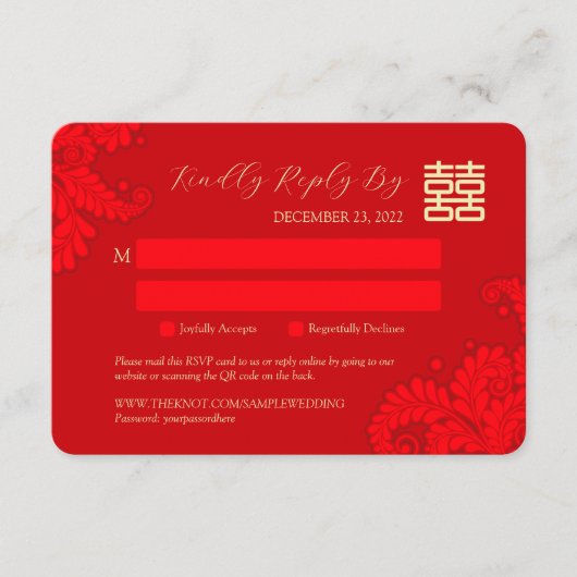 Chinese Traditionele Bruiloft RSVP met QR Code (Voorkant)