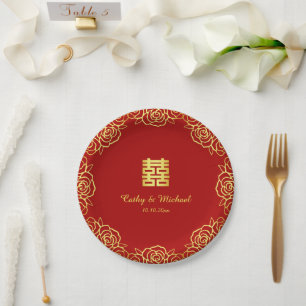 Chinese trouw bloem roos papierknip rood en goud papieren bordje