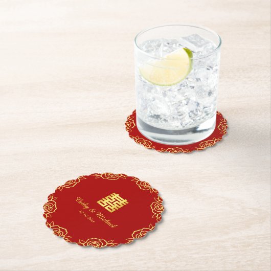 Chinese trouwbloem roos papieren knipwerk rood en  kartonnen onderzetters (Insitu)