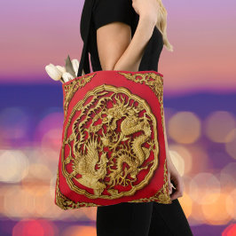 Chinese trouwerij met draak, fenghuang, rood en go tote bag