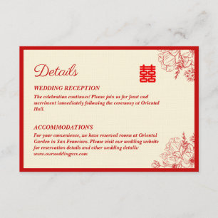 Chinese trouwfeest rood beige bloemmotief oosters informatiekaartje