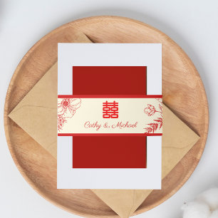 Chinese trouwfeest rood beige bloemmotief oosters uitnodigingen wikkel