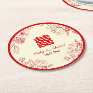 Chinese trouwfeest rood beige bloemmotief oriëntaa ronde kartonnen onderzetter