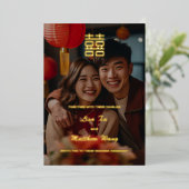 Chinese trouwfoto goud folie uitnodiging (Staand Voorkant)
