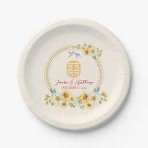 Chinese trouwframe geel bloemmotief vogel elegant papieren bordje