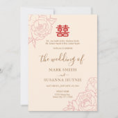 Chinese tweetalige elegante pioenrozen bruiloft kaart (Voorkant)