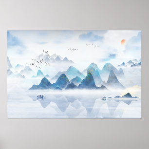 Chinese verfschildering van de verafgelegen bergri poster