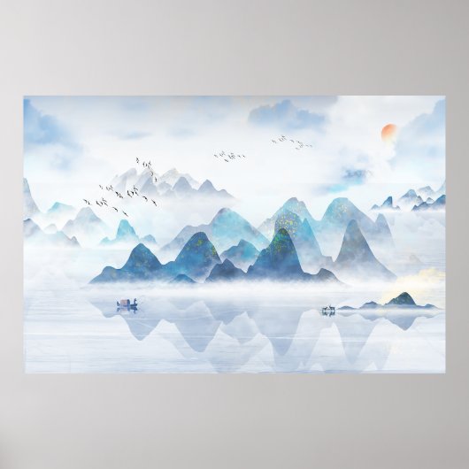 Chinese verfschildering van de verafgelegen bergri poster (Voorkant)