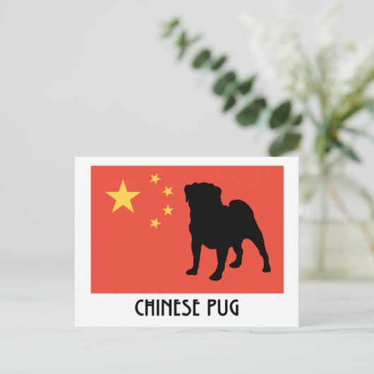 Chinese vlag met pug briefkaart (Staand voorkant)