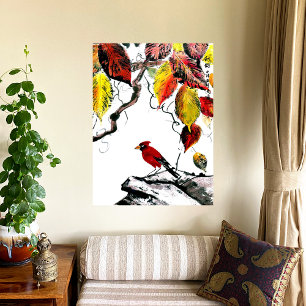 Chinese Vogel in de Herfst Canvas Afdruk