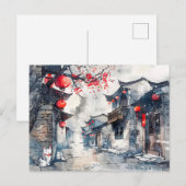 Chinese Watercolor Lantern-Lit Oude Stad Briefkaart (Voorkant / Achterkant)
