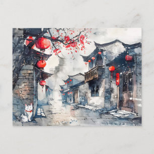 Chinese Watercolor Lantern-Lit Oude Stad Briefkaart