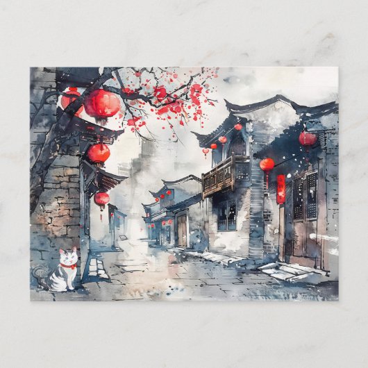 Chinese Watercolor Lantern-Lit Oude Stad Briefkaart (Voorkant)