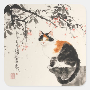 Chinese waterverf - Calico cat Vierkante Sticker
