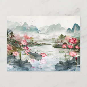Chinese Waterverf Lotus en Serene Bergen Briefkaart