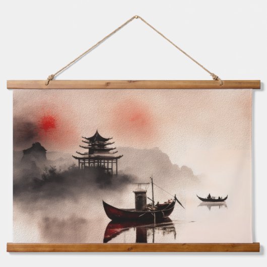 Chinese waterverf van vissersboten hangend wandkleed (Voorkant)