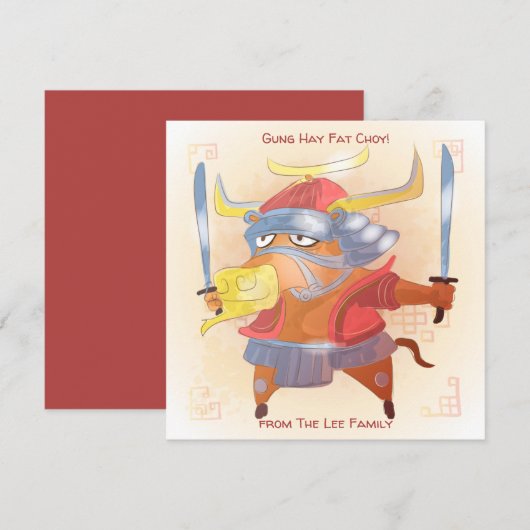 Chinese waterverf voor nieuwjaars ox samurai-groet kaart (Voorkant / Achterkant)