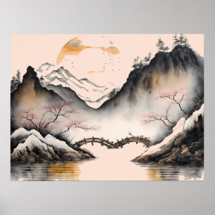 Chinese Waterverf winterrivier en berggebieden Poster
