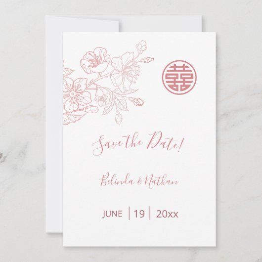 Chinese Wedding Blush Roze Bloemen Save The Date (Voorkant)