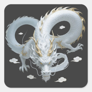 Chinese Witte Gouden Draak Kunst Fantasie Ontwerp  Vierkante Sticker