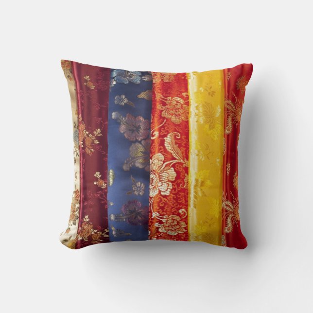 Chinese zijde patchwork patroon gouden rood blauw kussen (Voorkant)