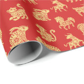 Chinese Zodiac Dieren Nieuwjaar Rood Goud Cadeaupapier (Rol Hoek)