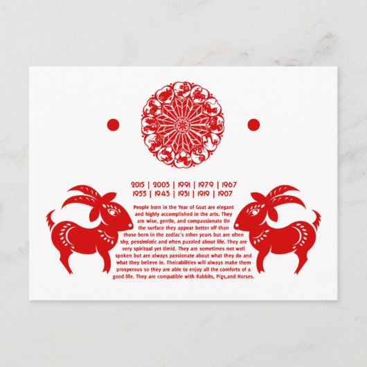 CHINESE ZODIAC GOAT PAPERCUT ILLUSTRATIE BRIEFKAART (Voorkant)